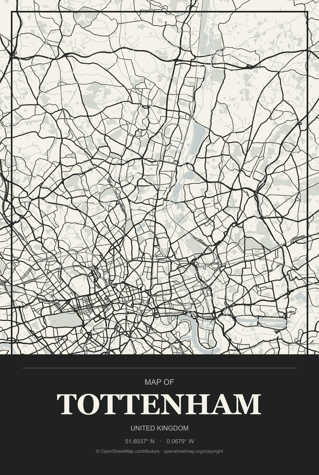 Tottenham, United Kingdom City Map Aluminum Sign in Museum Plaque style