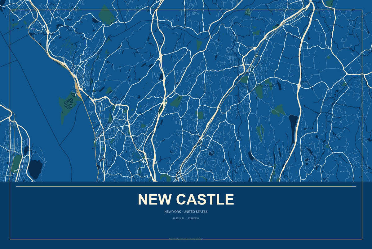New Castle, New York City Map Aluminum Sign in Harbor Cobalt style