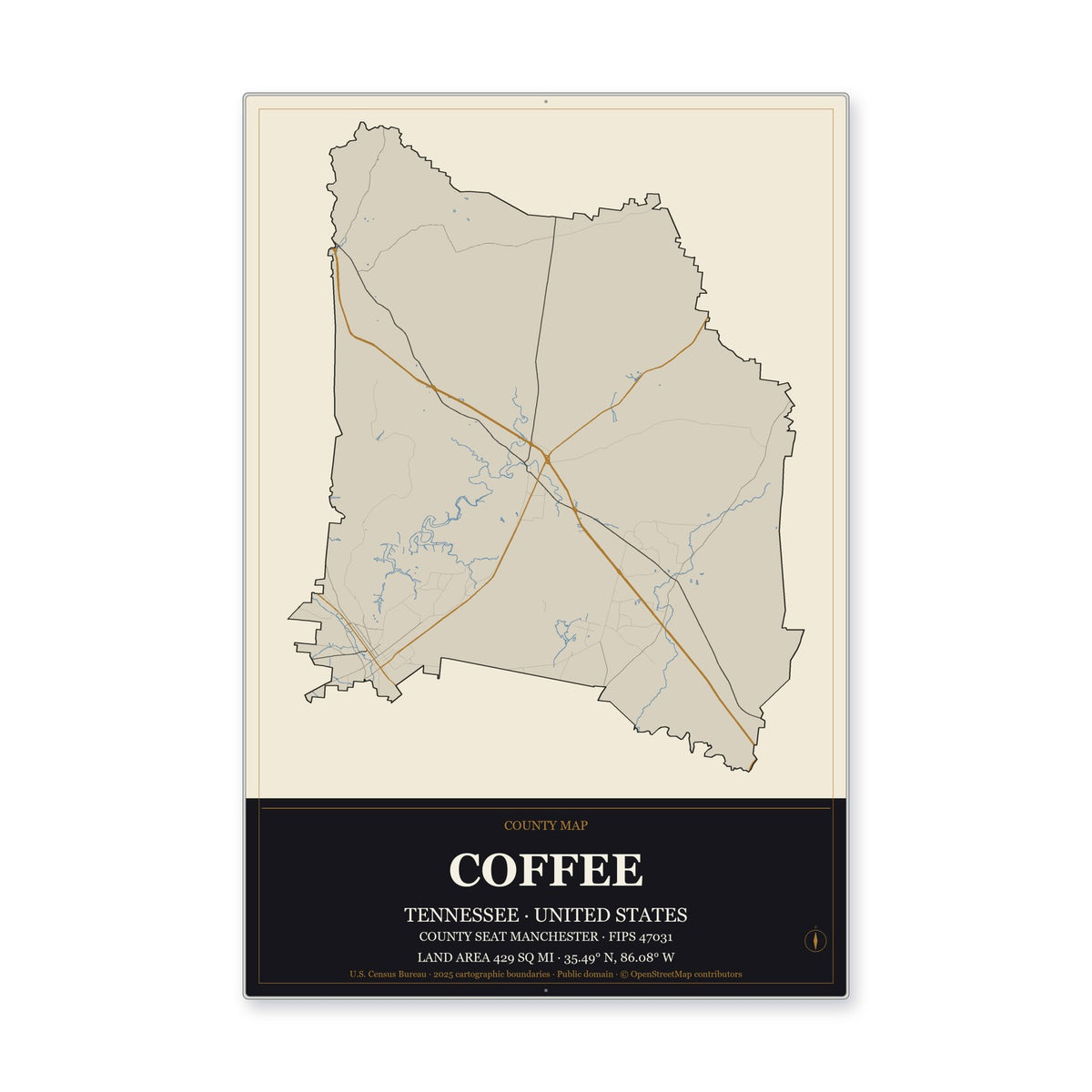 Coffee County, Tennessee Map Aluminum Sign in Museum Plaque style