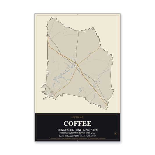 Coffee County, Tennessee Map Aluminum Sign in Museum Plaque style