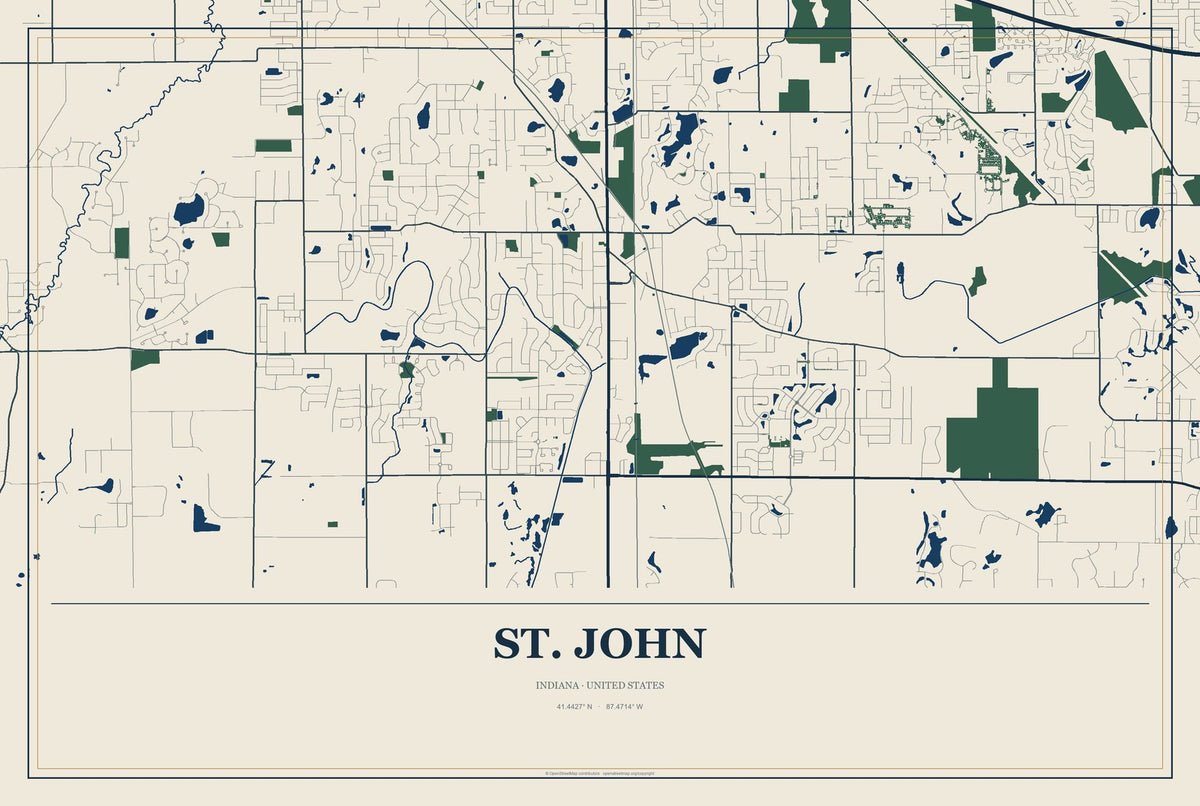 St. John, Indiana City Map Aluminum Sign in Coastal Cutout style