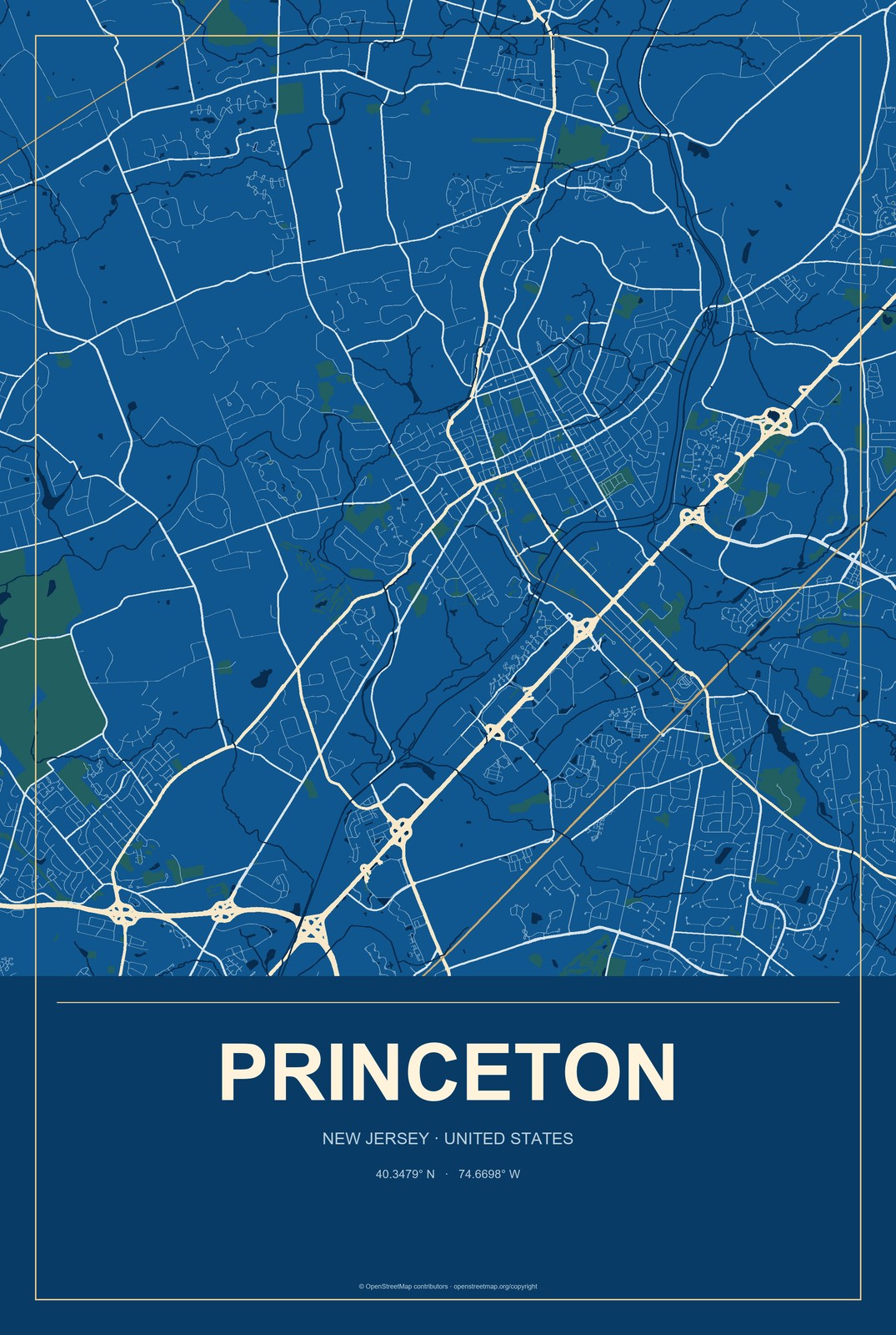 Princeton, New Jersey City Map Aluminum Sign in Harbor Cobalt style