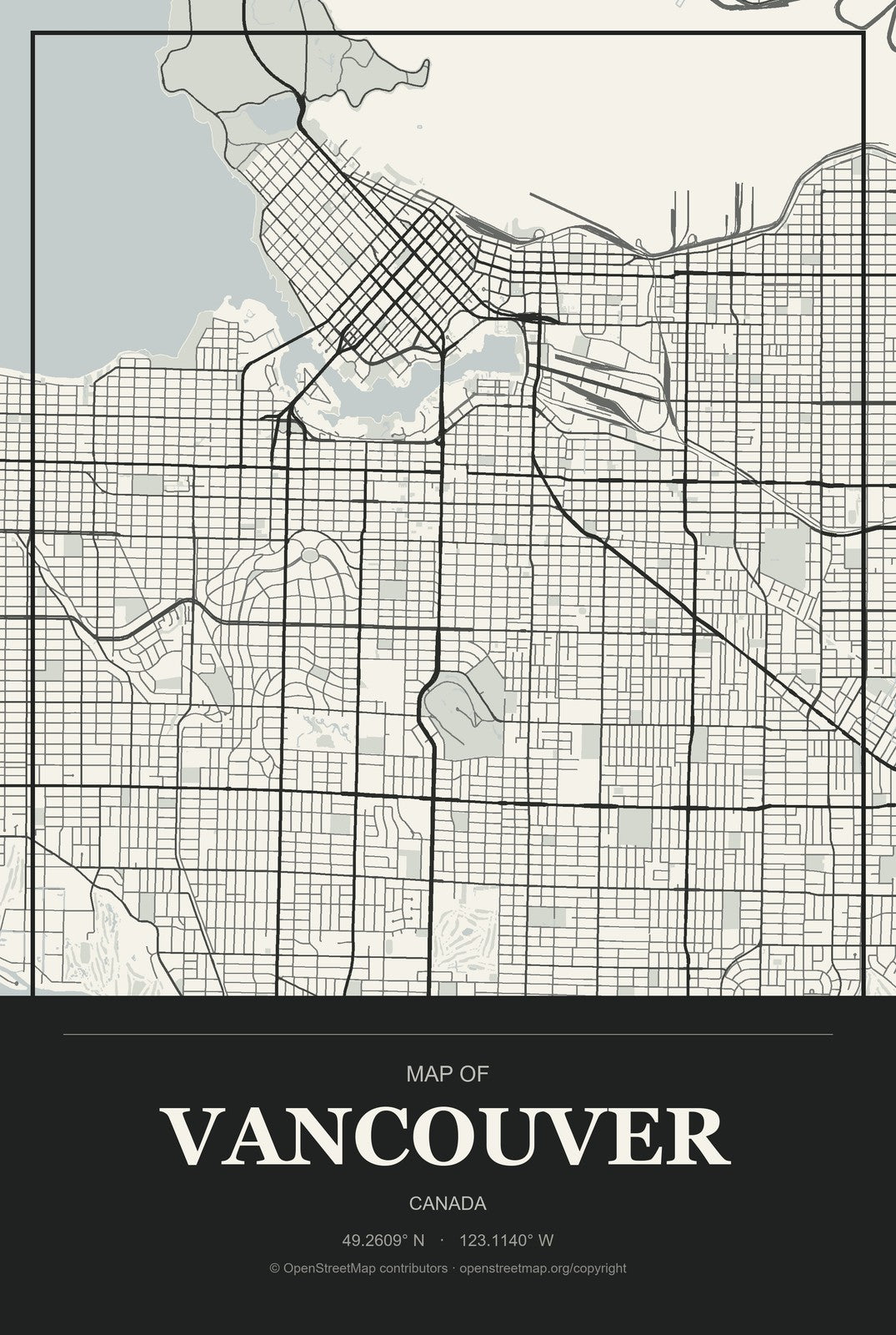 Vancouver, Canada City Map Aluminum Sign in Museum Plaque style
