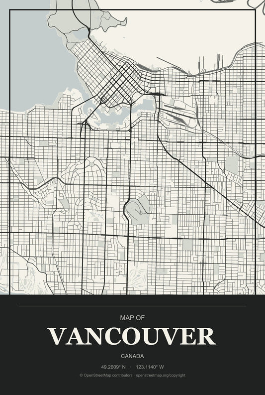 Vancouver, Canada City Map Aluminum Sign in Museum Plaque style