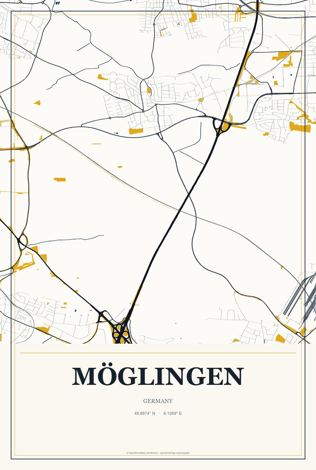 Möglingen, Germany City Map Aluminum Sign in Citrine Modern style