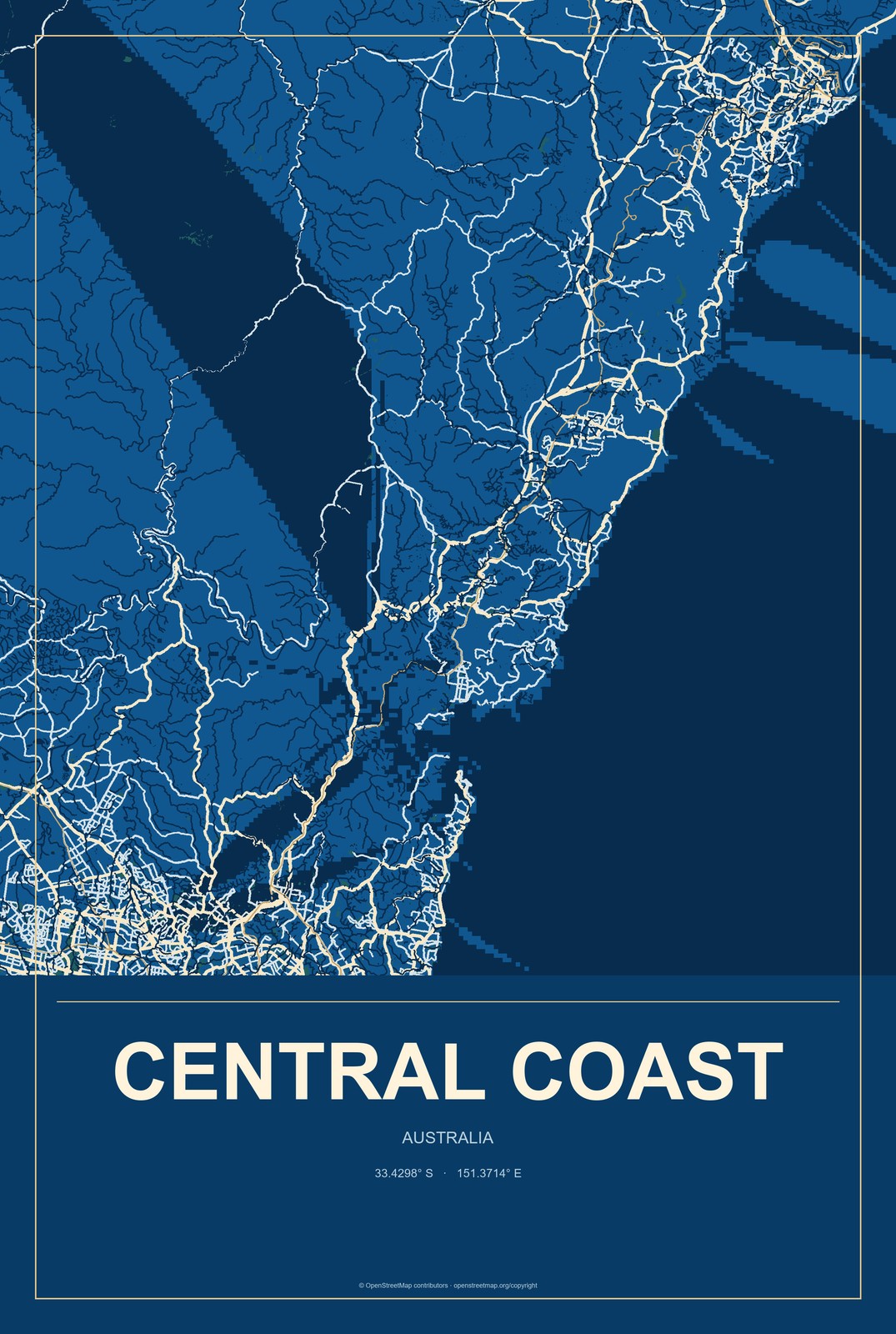 Central Coast, Australia City Map Aluminum Sign in Harbor Cobalt style