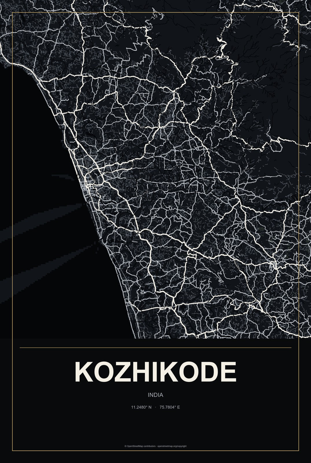 Kozhikode, India City Map Aluminum Sign in Metropolitan Noir style