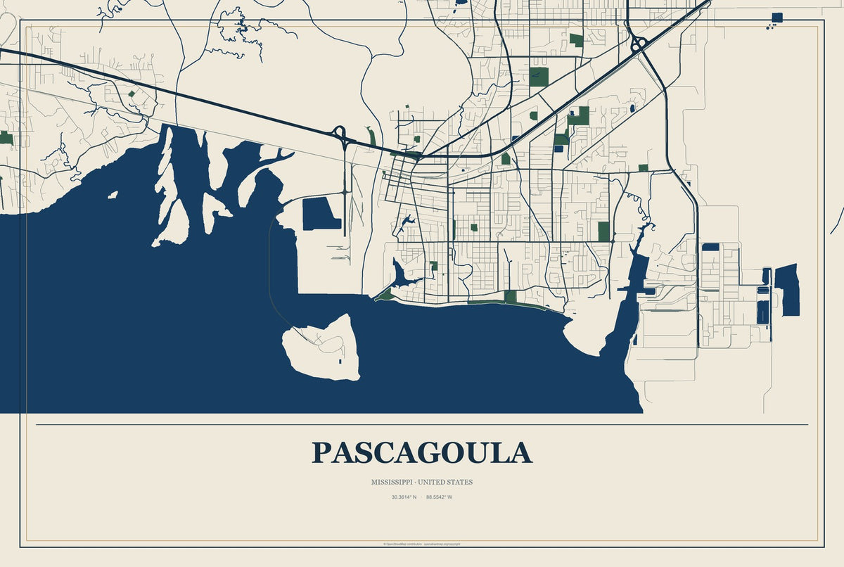 Pascagoula, Mississippi City Map Aluminum Sign in Coastal Cutout style