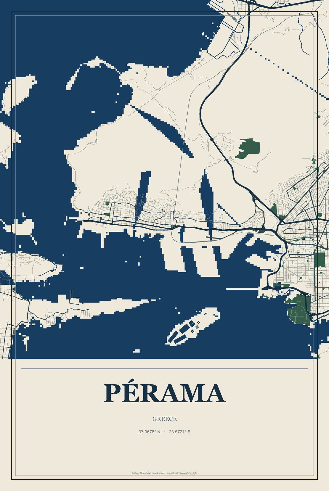 Pérama, Greece City Map Aluminum Sign in Coastal Cutout style