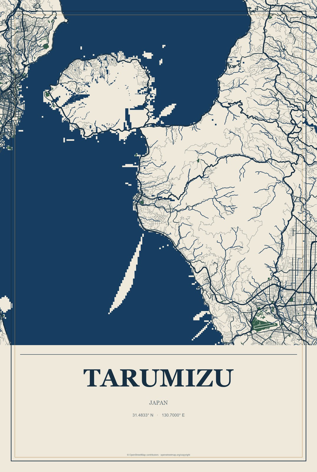 Tarumizu, Japan City Map Aluminum Sign in Coastal Cutout style