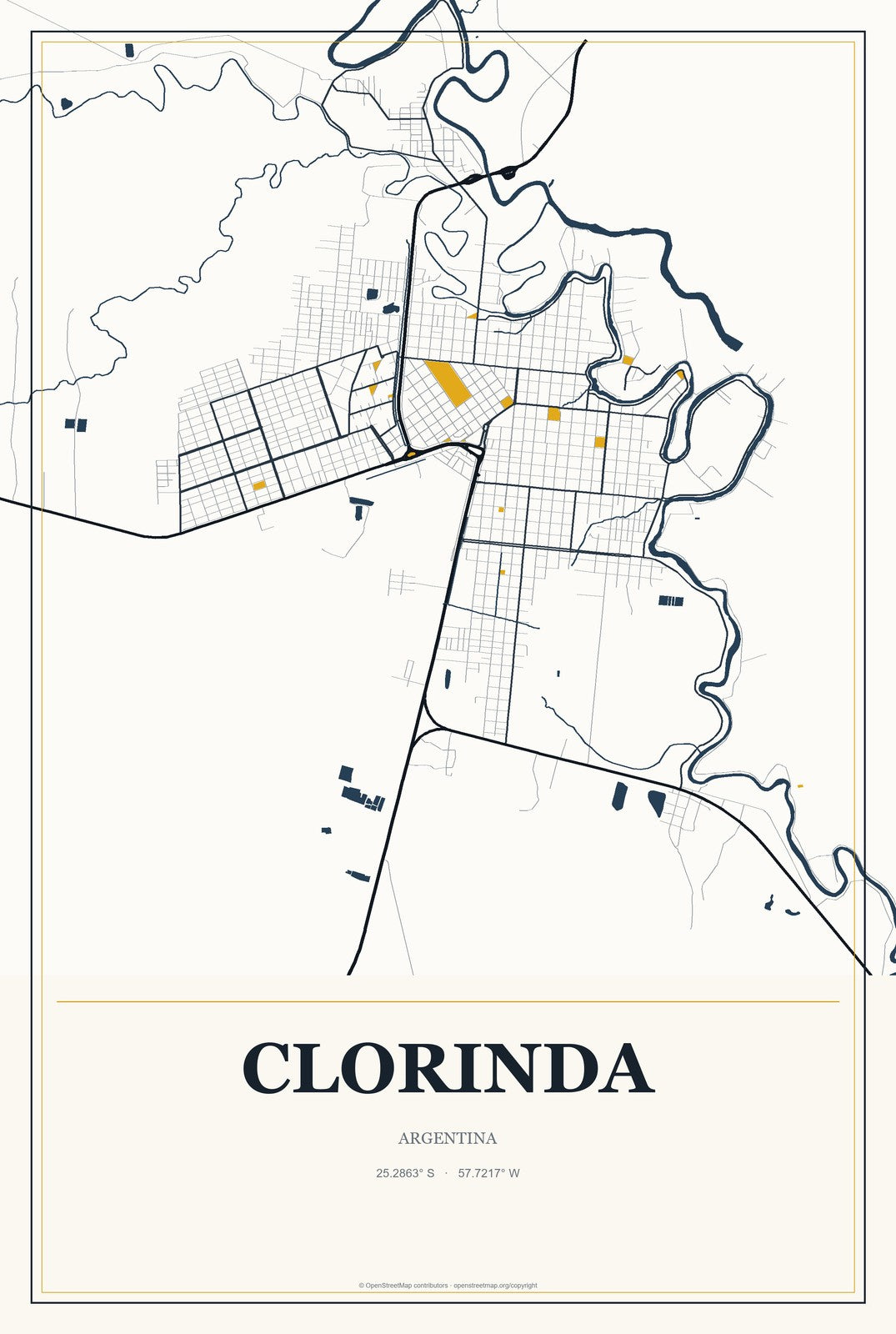 Clorinda, Argentina City Map Aluminum Sign in Citrine Modern style