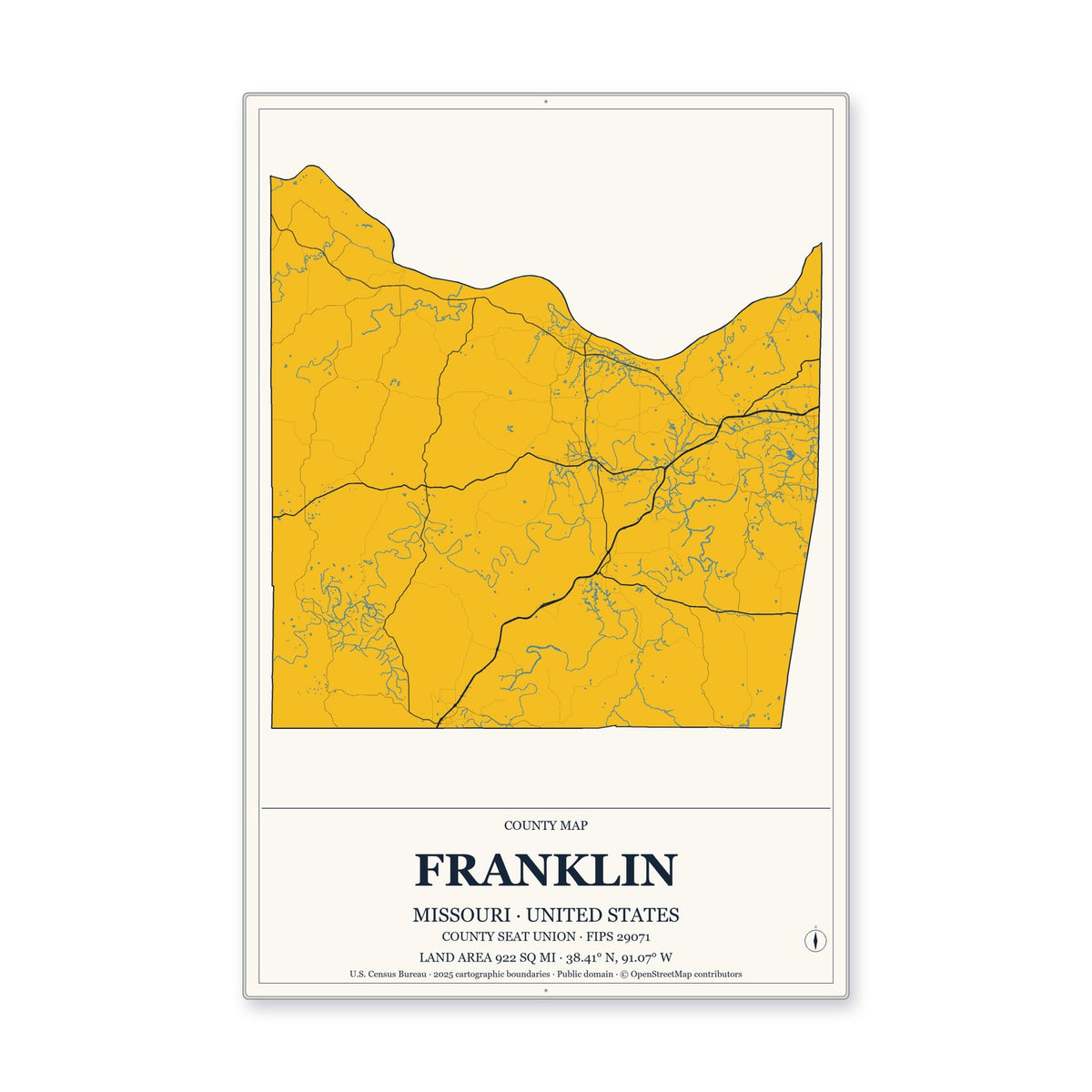 Franklin County, Missouri Map Aluminum Sign in Citrine Modern style