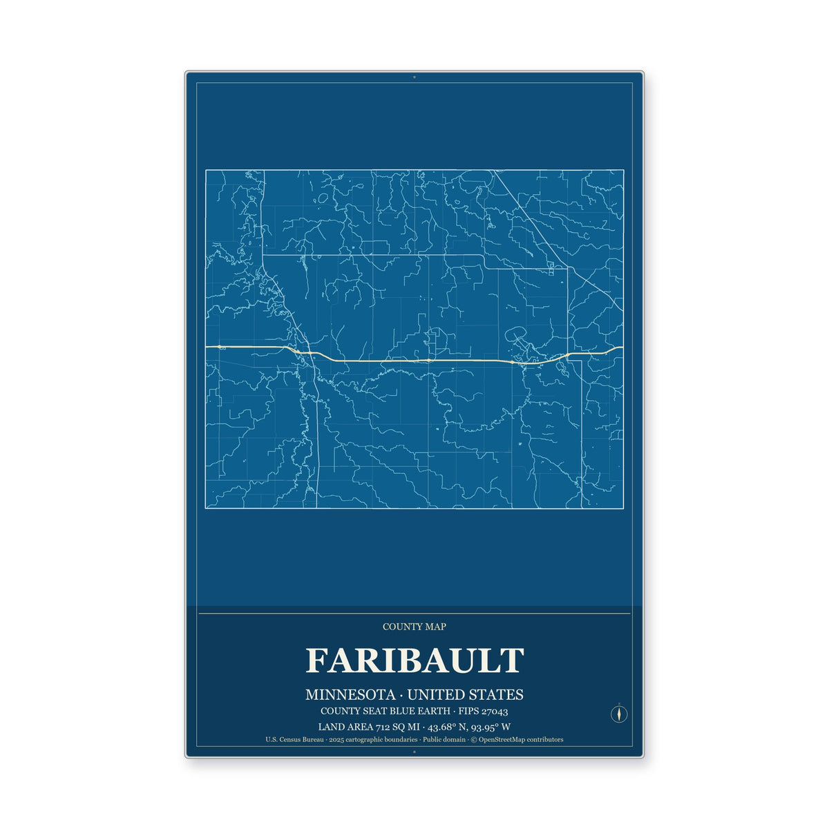 Faribault County, Minnesota Map Aluminum Sign in Harbor Cobalt style