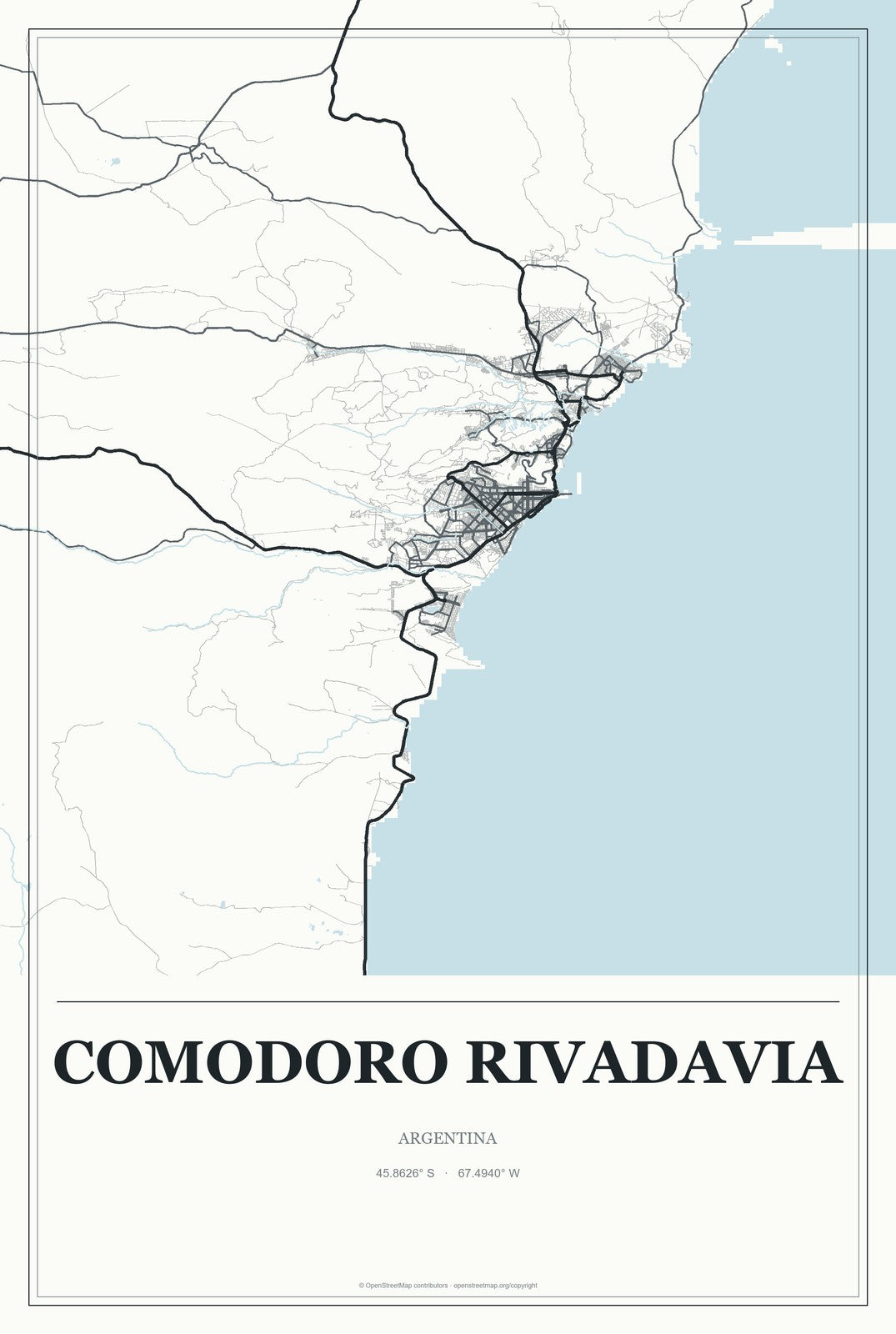 Comodoro Rivadavia, Argentina City Map Aluminum Sign in Gallery Air style