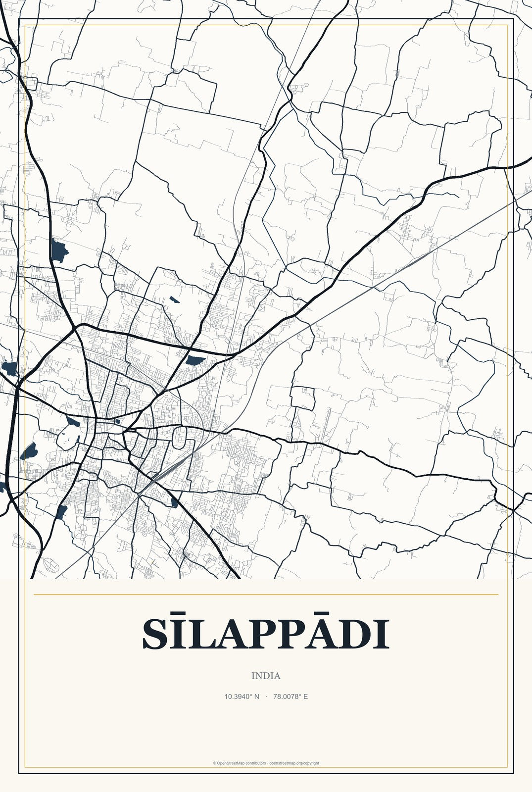 Sīlappādi, India City Map Aluminum Sign in Citrine Modern style