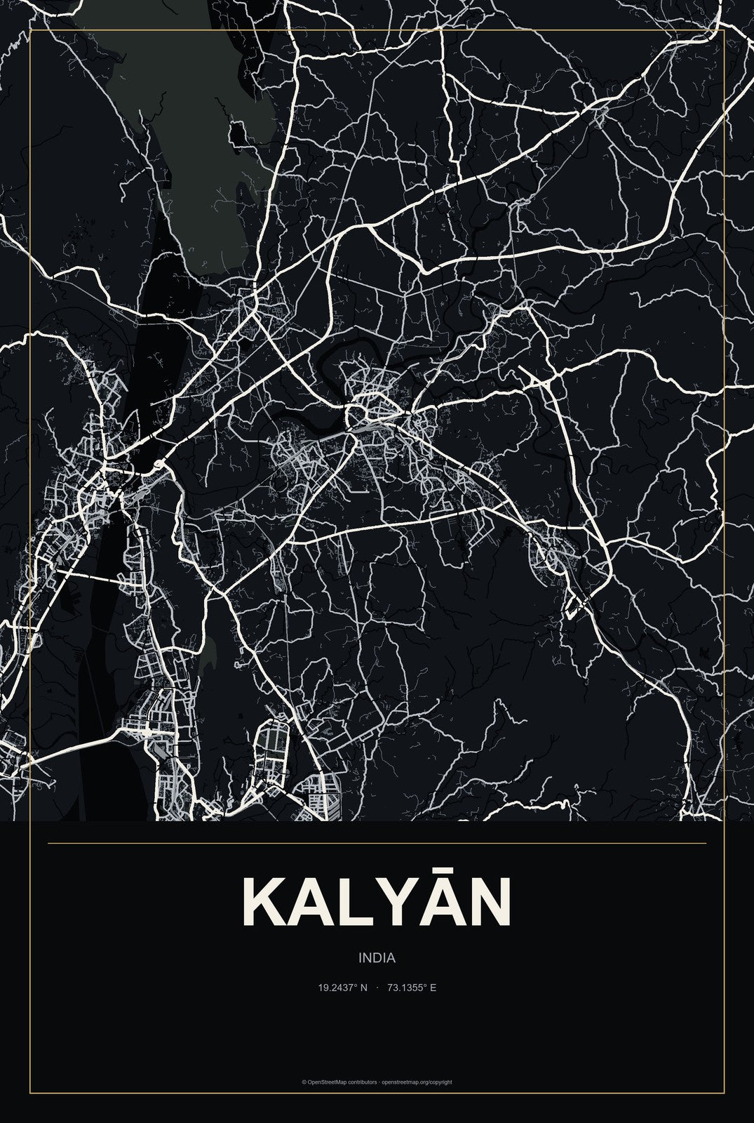 Kalyān, India City Map Aluminum Sign in Metropolitan Noir style