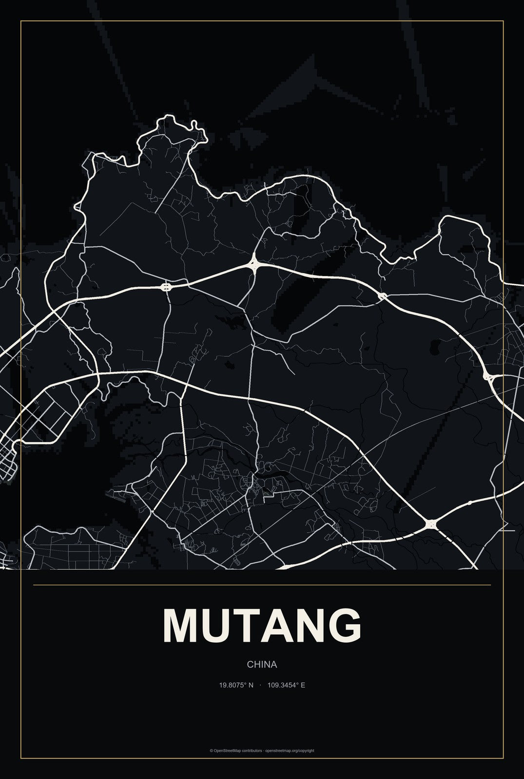 Mutang, China City Map Aluminum Sign in Metropolitan Noir style