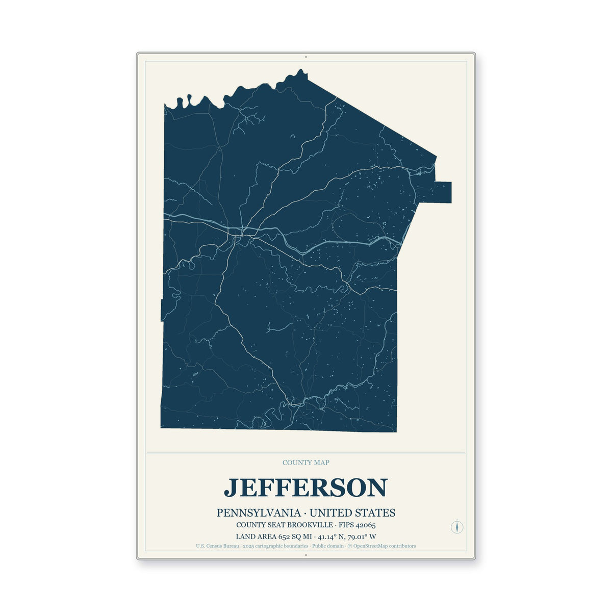 Jefferson County, Pennsylvania Map Aluminum Sign in Coastal Cutout style