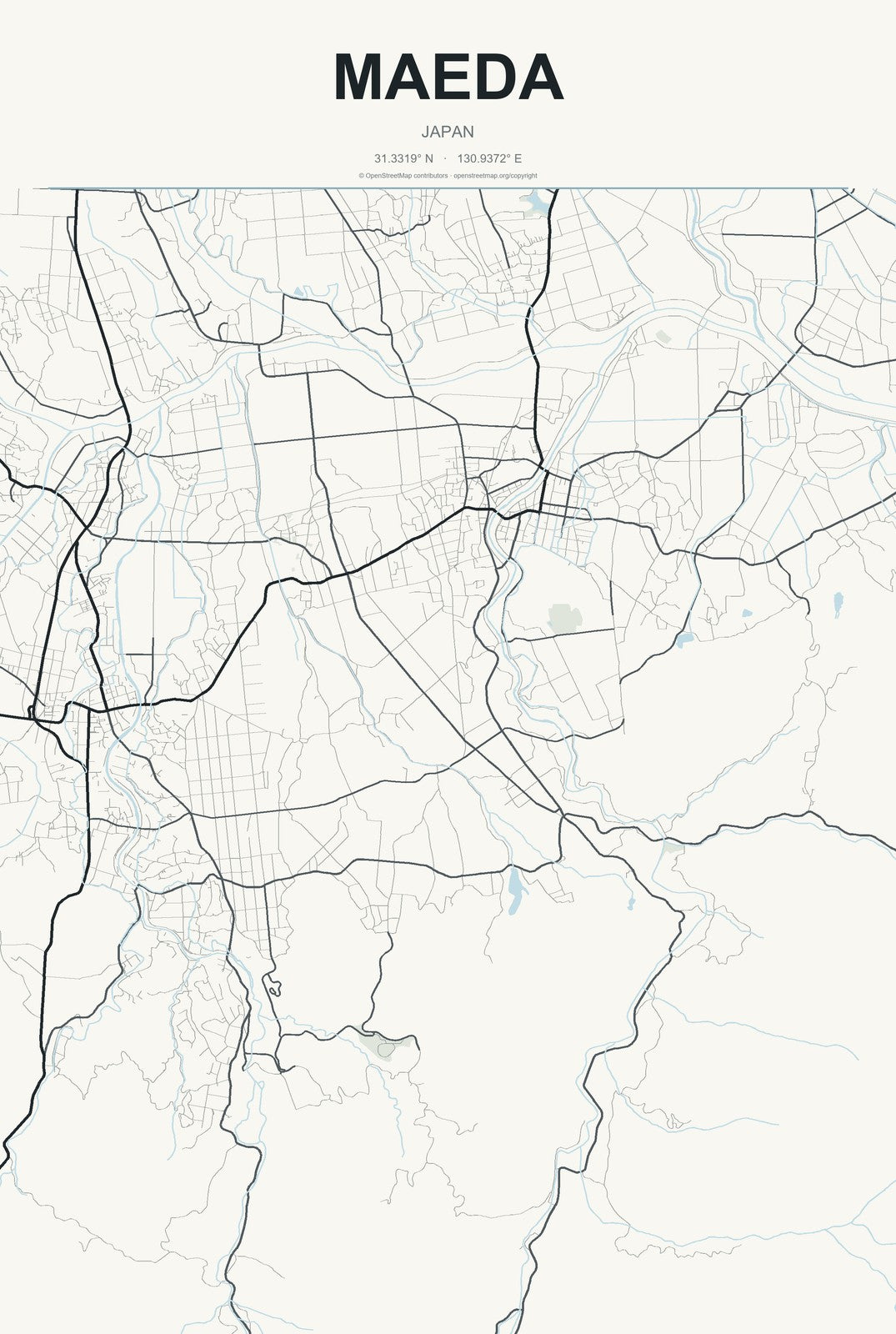 Maeda, Japan City Map Aluminum Sign in Headline Atlas style