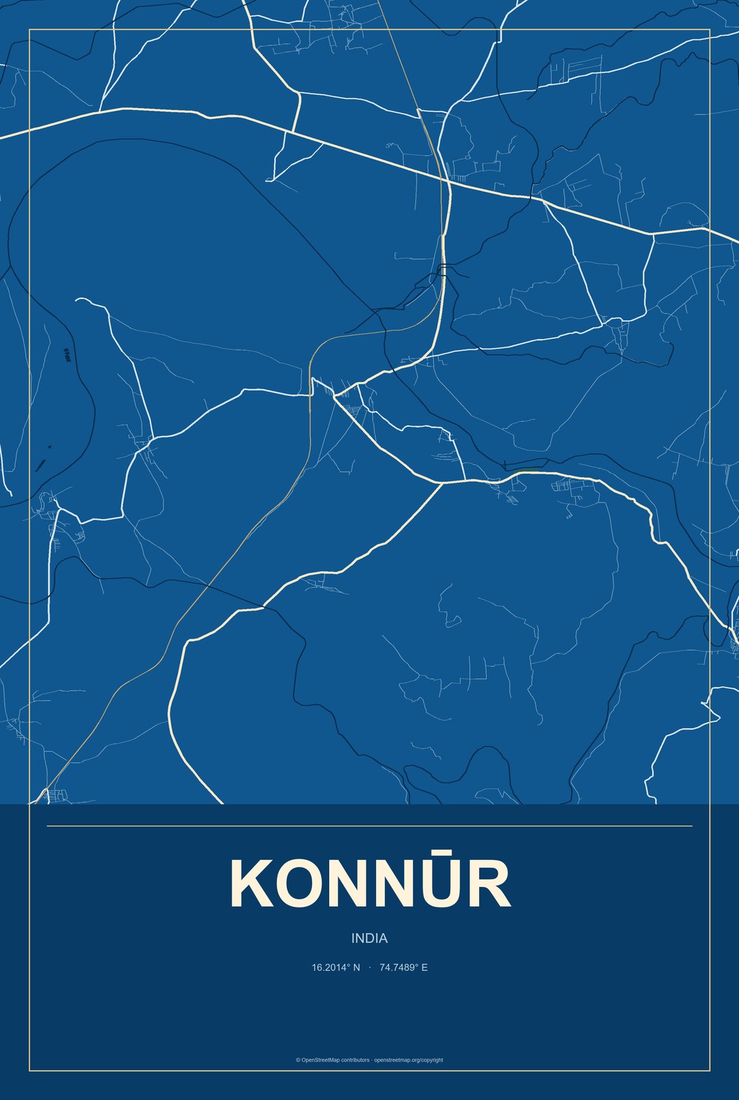 Konnūr, India City Map Aluminum Sign in Harbor Cobalt style