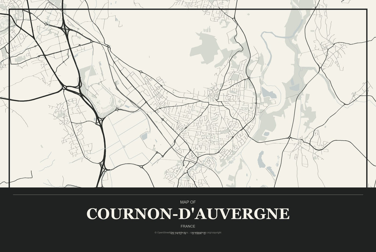 Cournon-d'Auvergne, France City Map Aluminum Sign in Museum Plaque style