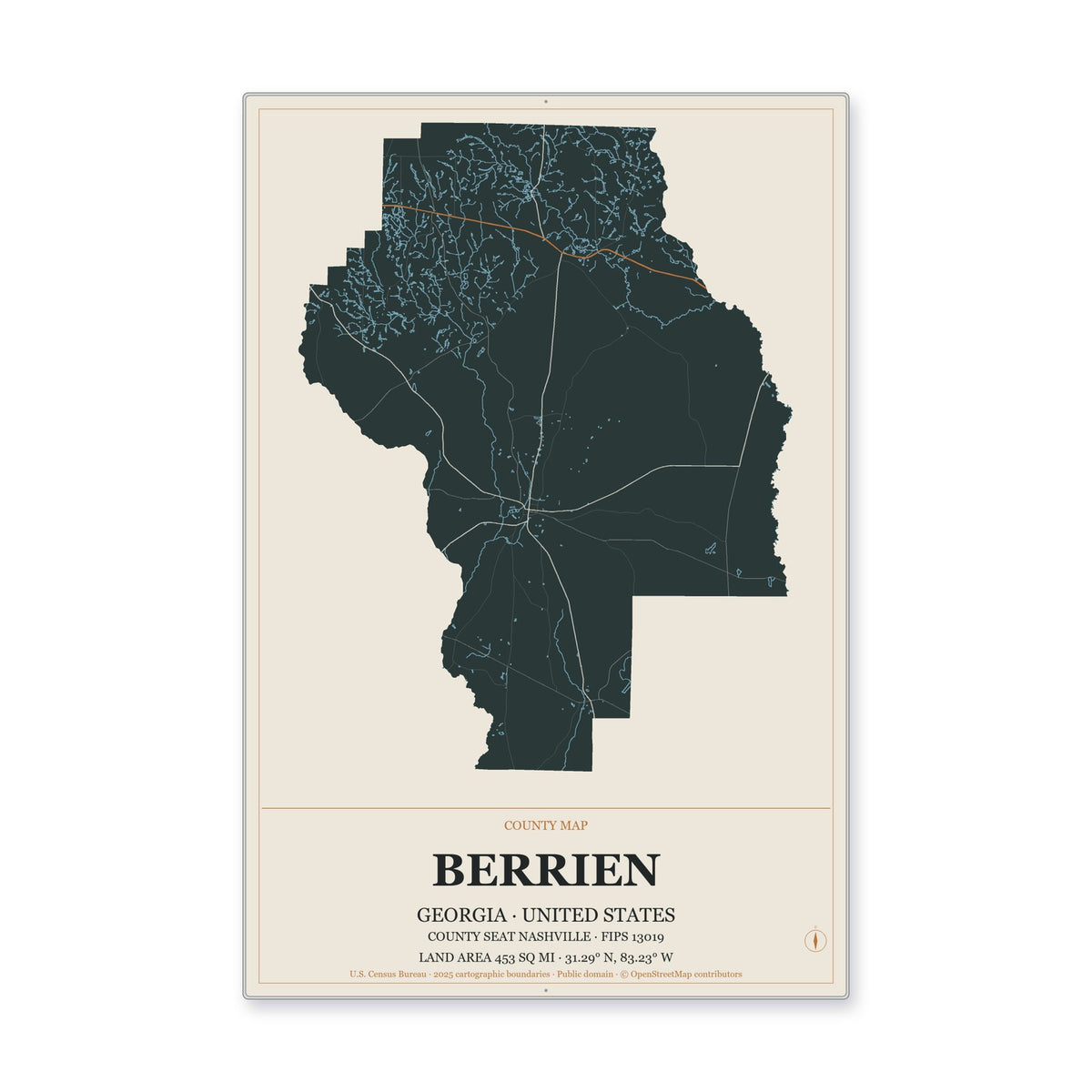 Berrien County, Georgia Map Aluminum Sign in Headline Atlas style