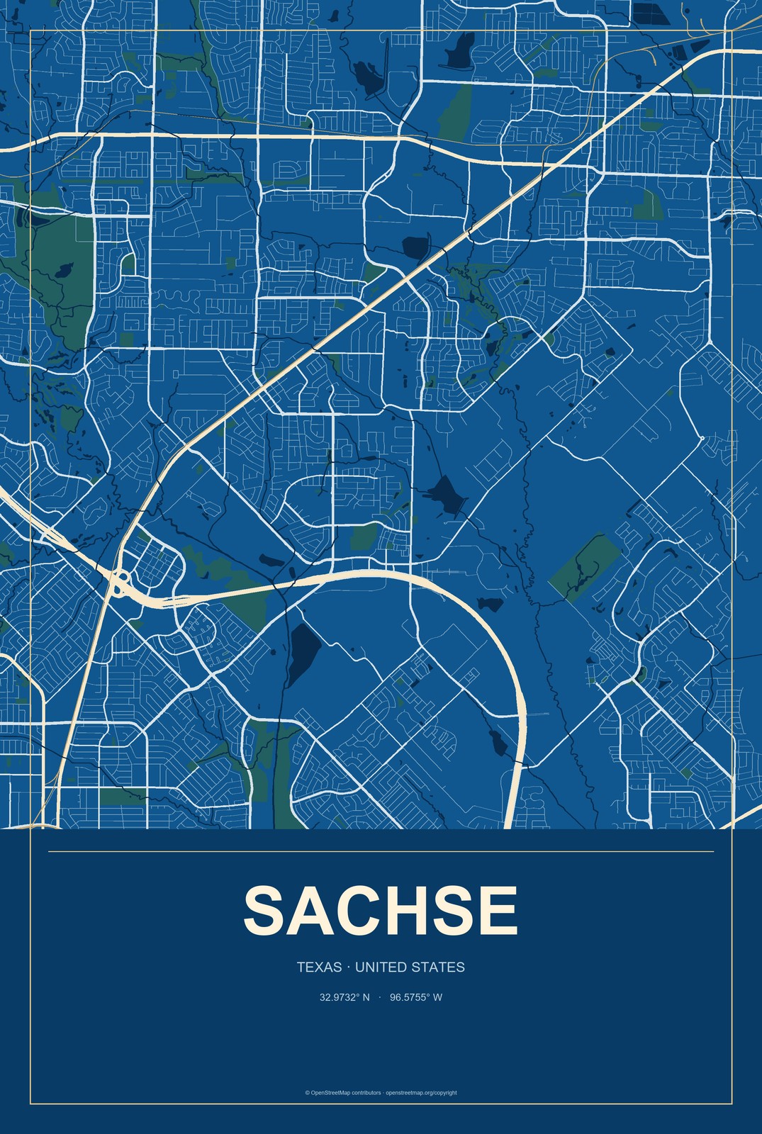 Sachse, Texas City Map Aluminum Sign in Harbor Cobalt style