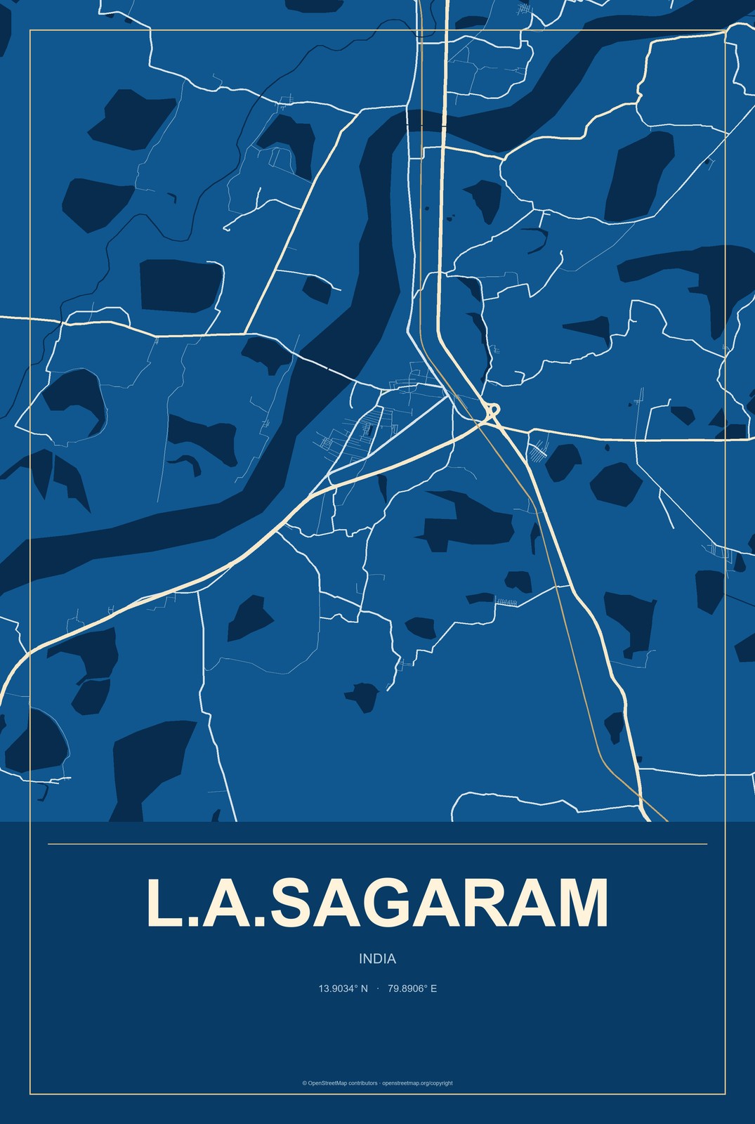 L.A.Sagaram, India City Map Aluminum Sign in Harbor Cobalt style