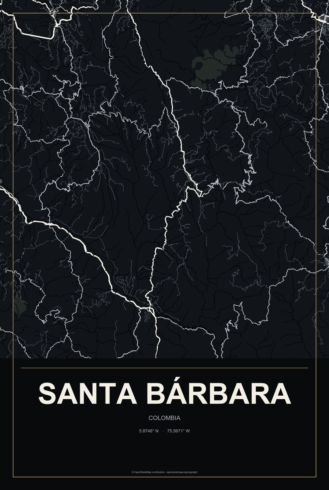 Santa Bárbara, Colombia City Map Aluminum Sign in Metropolitan Noir style