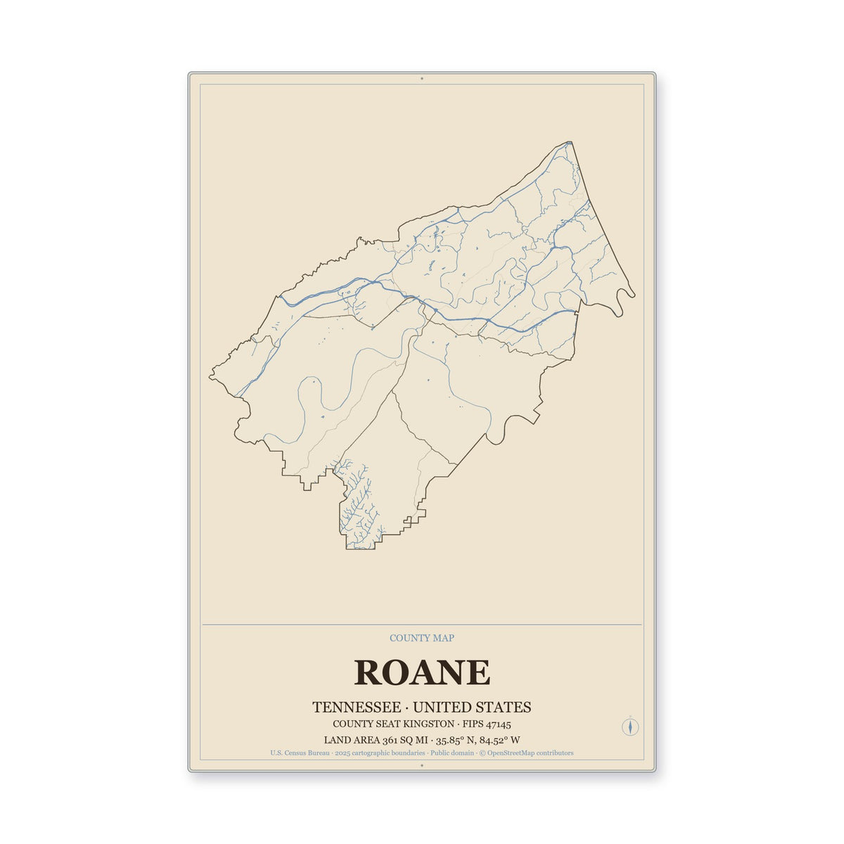 Roane County, Tennessee Map Aluminum Sign in Heritage Nautical style