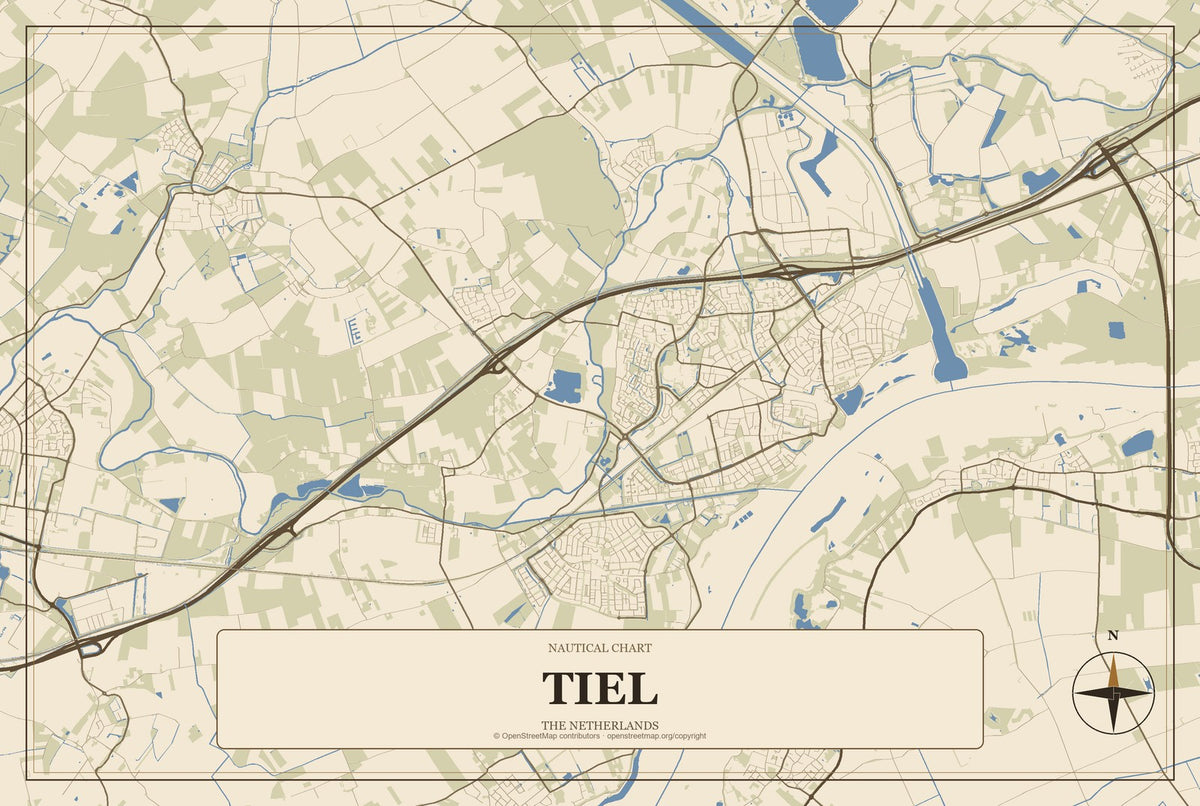 Tiel, The Netherlands City Map Aluminum Sign in Heritage Nautical style