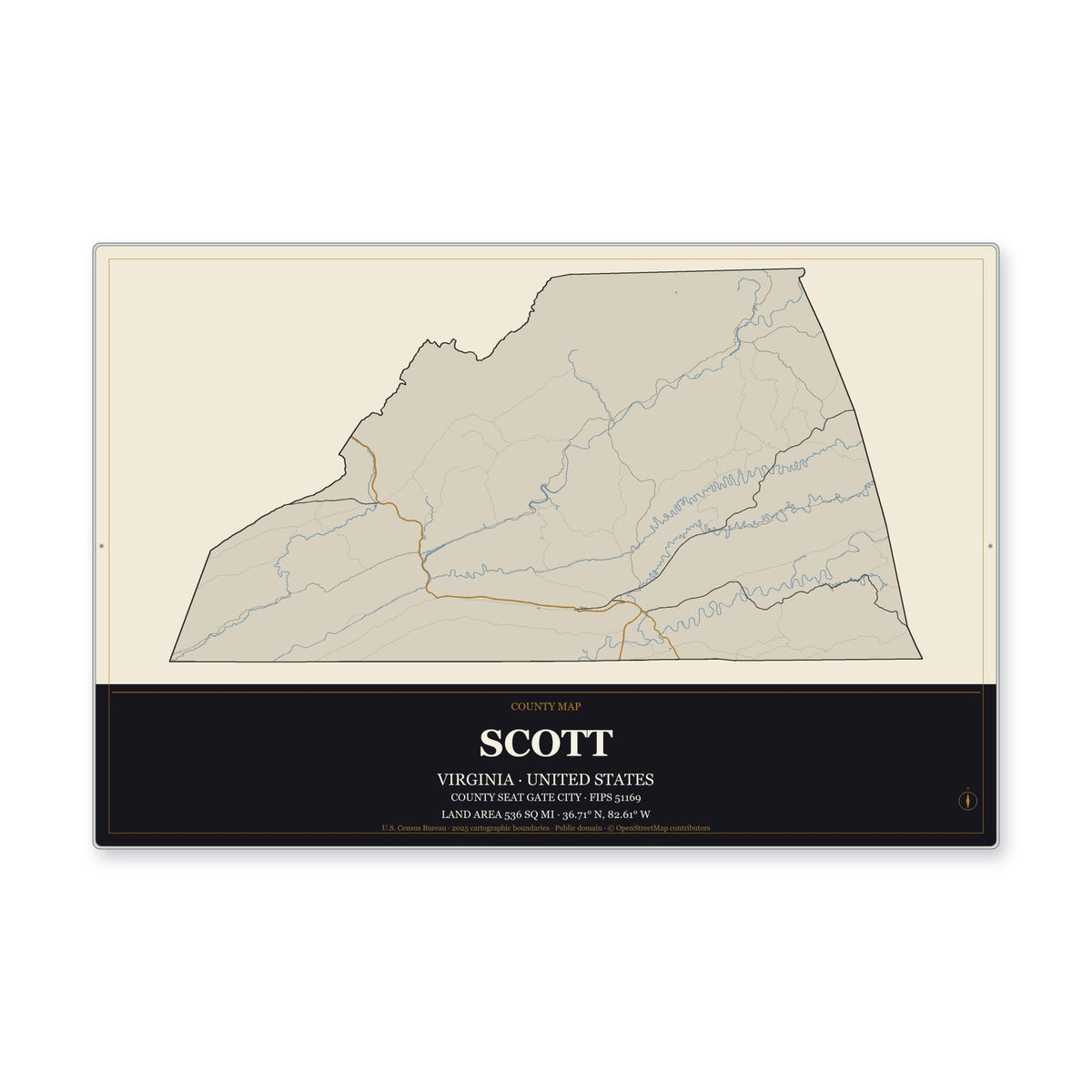 Scott County, Virginia Map Aluminum Sign in Museum Plaque style
