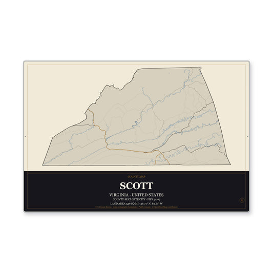 Scott County, Virginia Map Aluminum Sign in Museum Plaque style