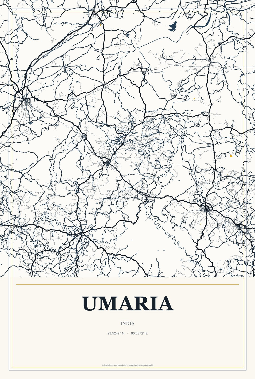 Umaria, India City Map Aluminum Sign in Citrine Modern style