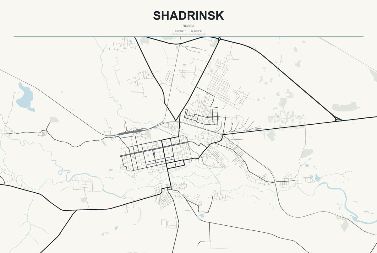 Shadrinsk, Russia City Map Aluminum Sign in Headline Atlas style