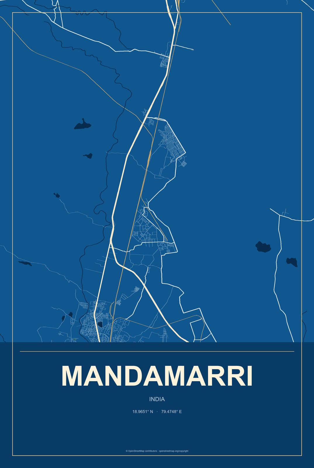 Mandamarri, India City Map Aluminum Sign in Harbor Cobalt style