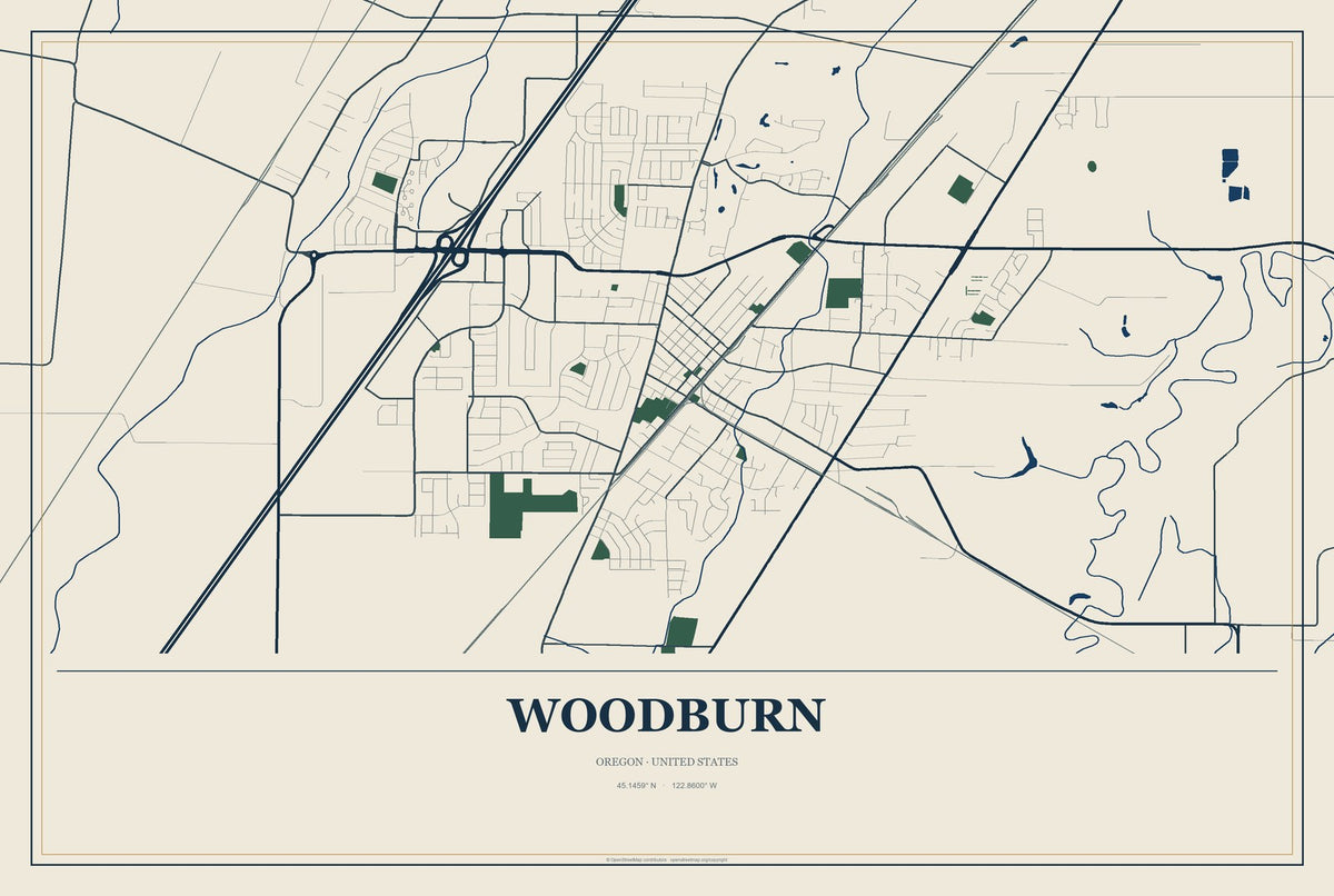 Woodburn, Oregon City Map Aluminum Sign in Coastal Cutout style