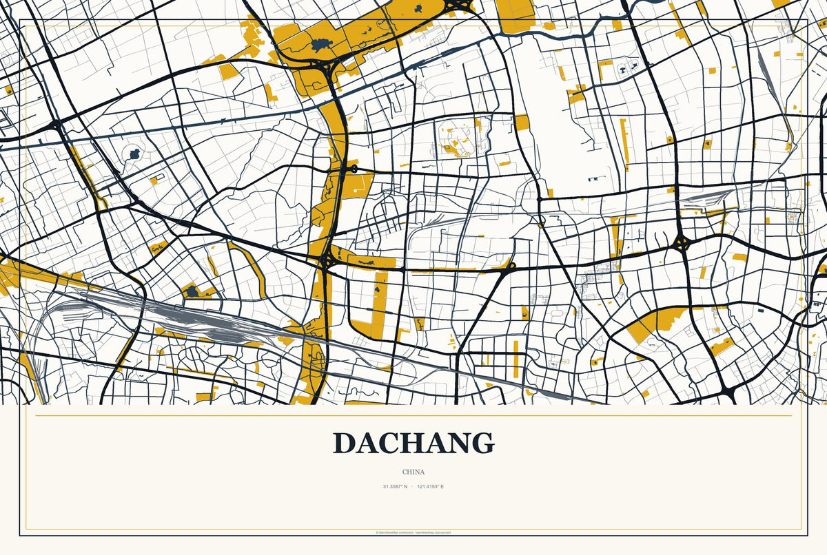 Dachang, Shanghai, China City Map Aluminum Sign in Citrine Modern style