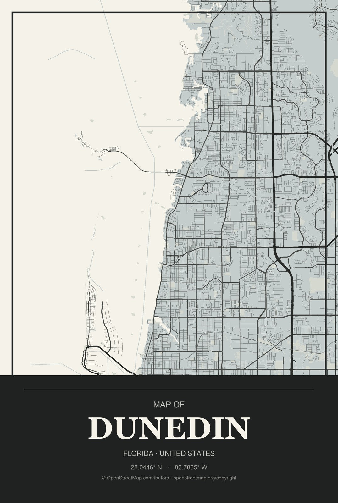 Dunedin, Florida City Map Aluminum Sign in Museum Plaque style