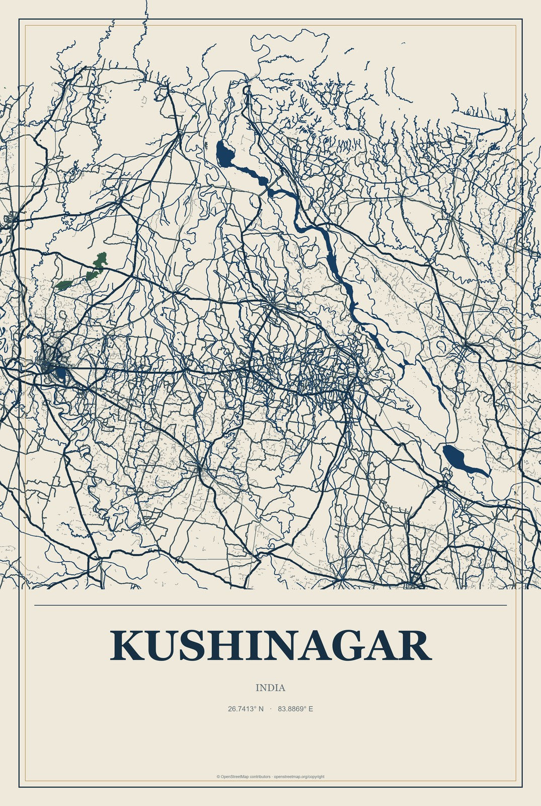 Kushinagar, India City Map Aluminum Sign in Coastal Cutout style