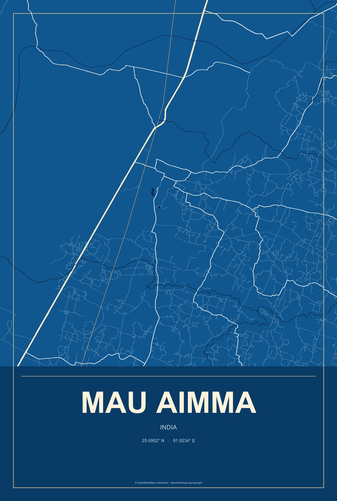 Mau Aimma, India City Map Aluminum Sign in Harbor Cobalt style