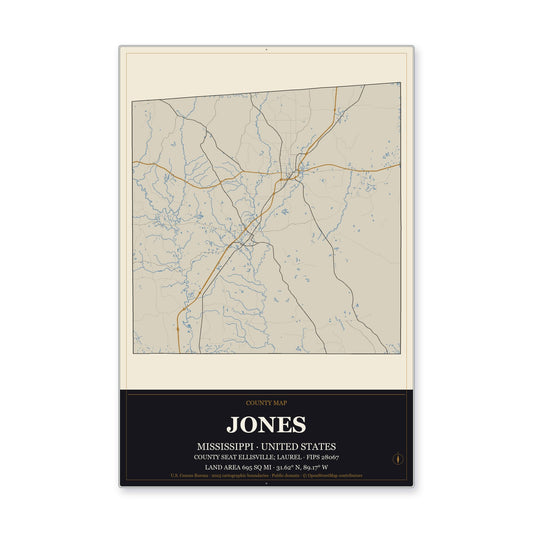 Jones County, Mississippi Map Aluminum Sign in Museum Plaque style