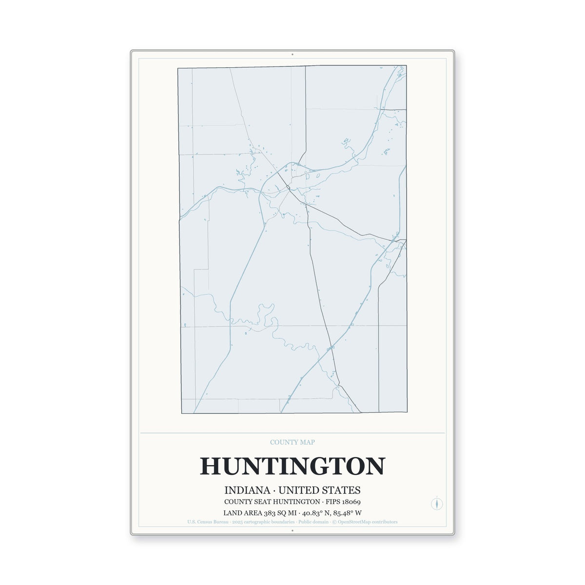 Huntington County, Indiana Map Aluminum Sign in Gallery Air style