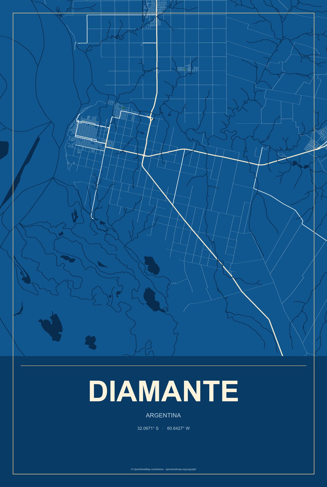 Diamante, Argentina City Map Aluminum Sign in Harbor Cobalt style
