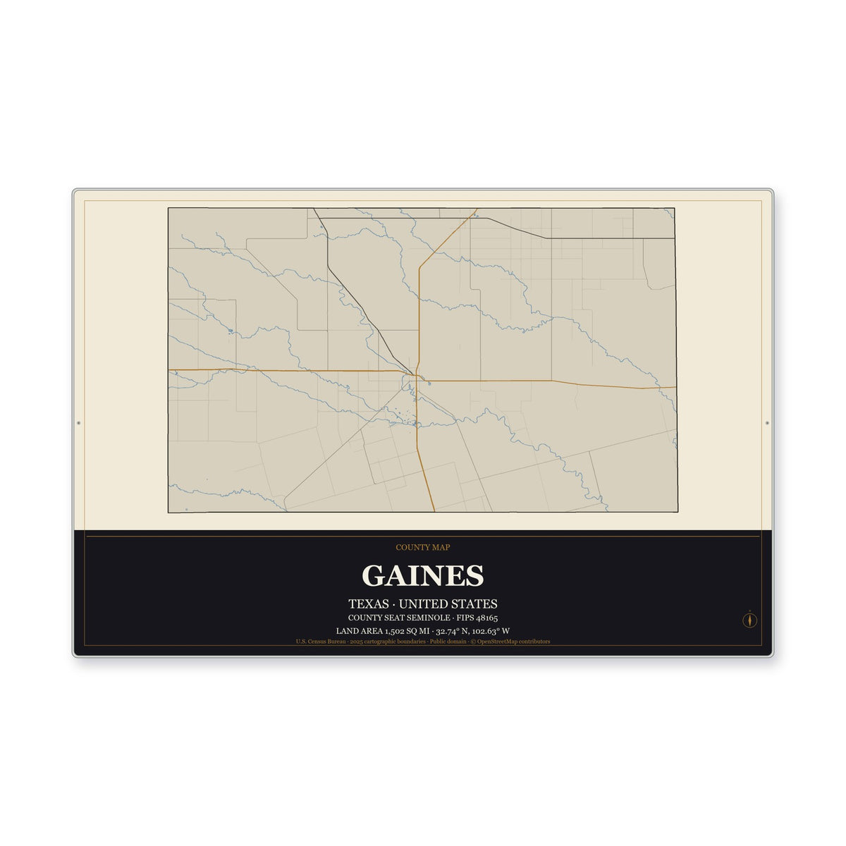 Gaines County, Texas Map Aluminum Sign in Museum Plaque style