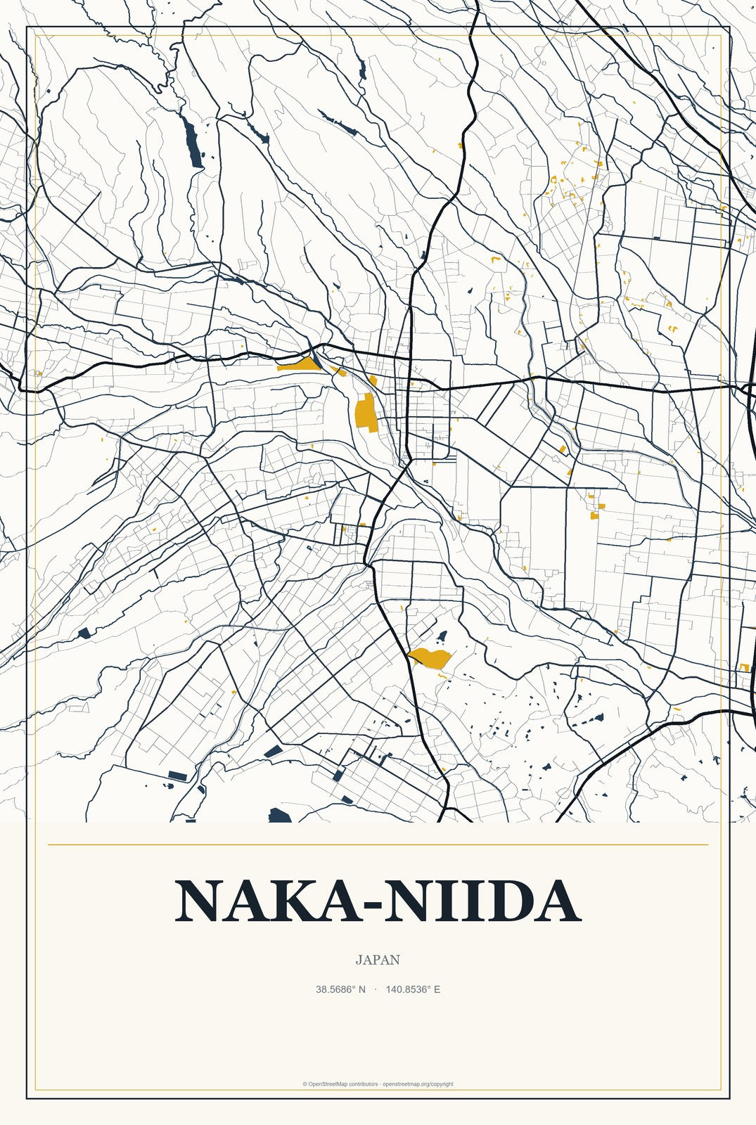 Naka-niida, Japan City Map Aluminum Sign in Citrine Modern style