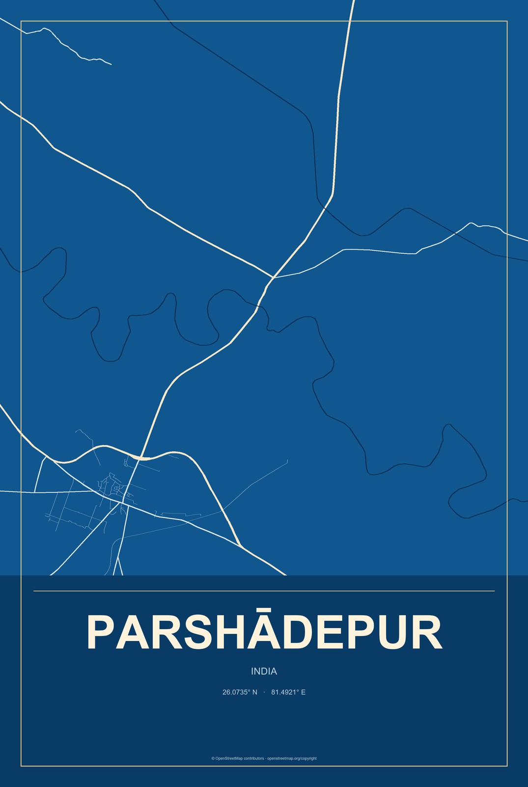 Parshādepur, India City Map Aluminum Sign in Harbor Cobalt style