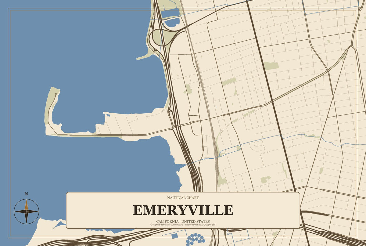 Emeryville, California City Map Aluminum Sign in Heritage Nautical style