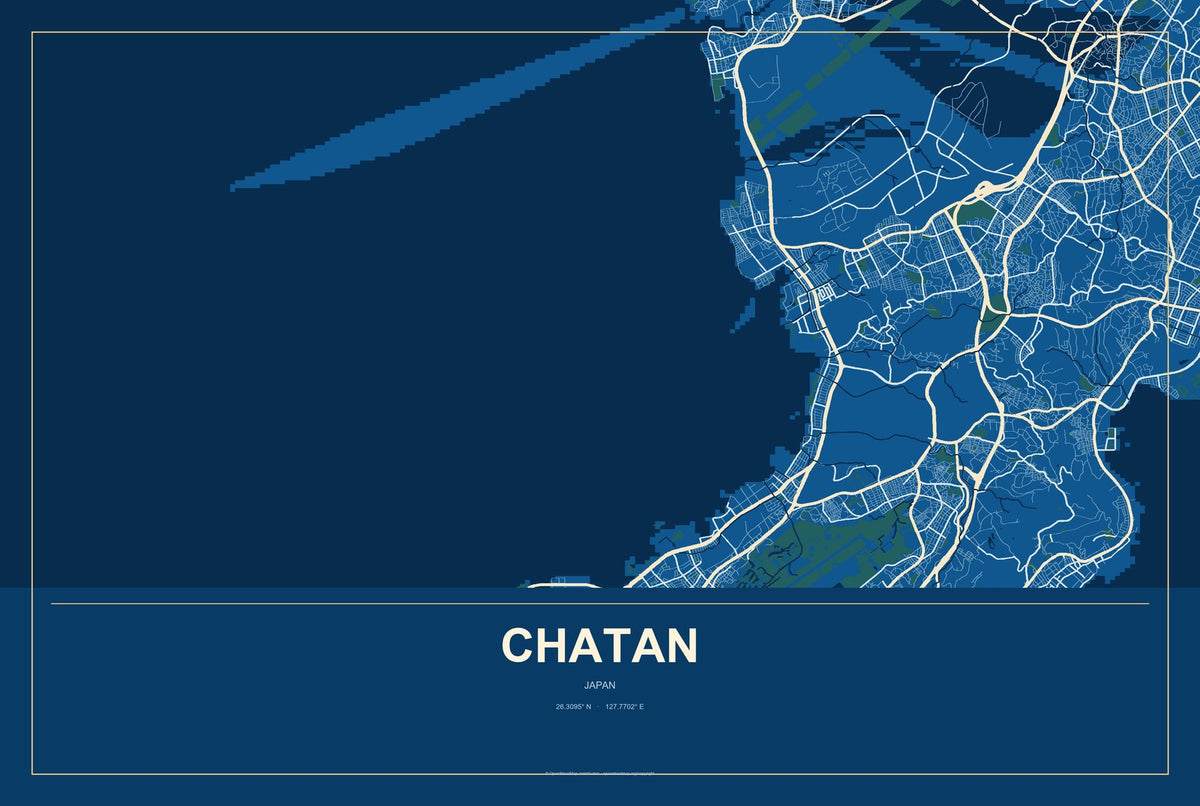 Chatan, Japan City Map Aluminum Sign in Harbor Cobalt style