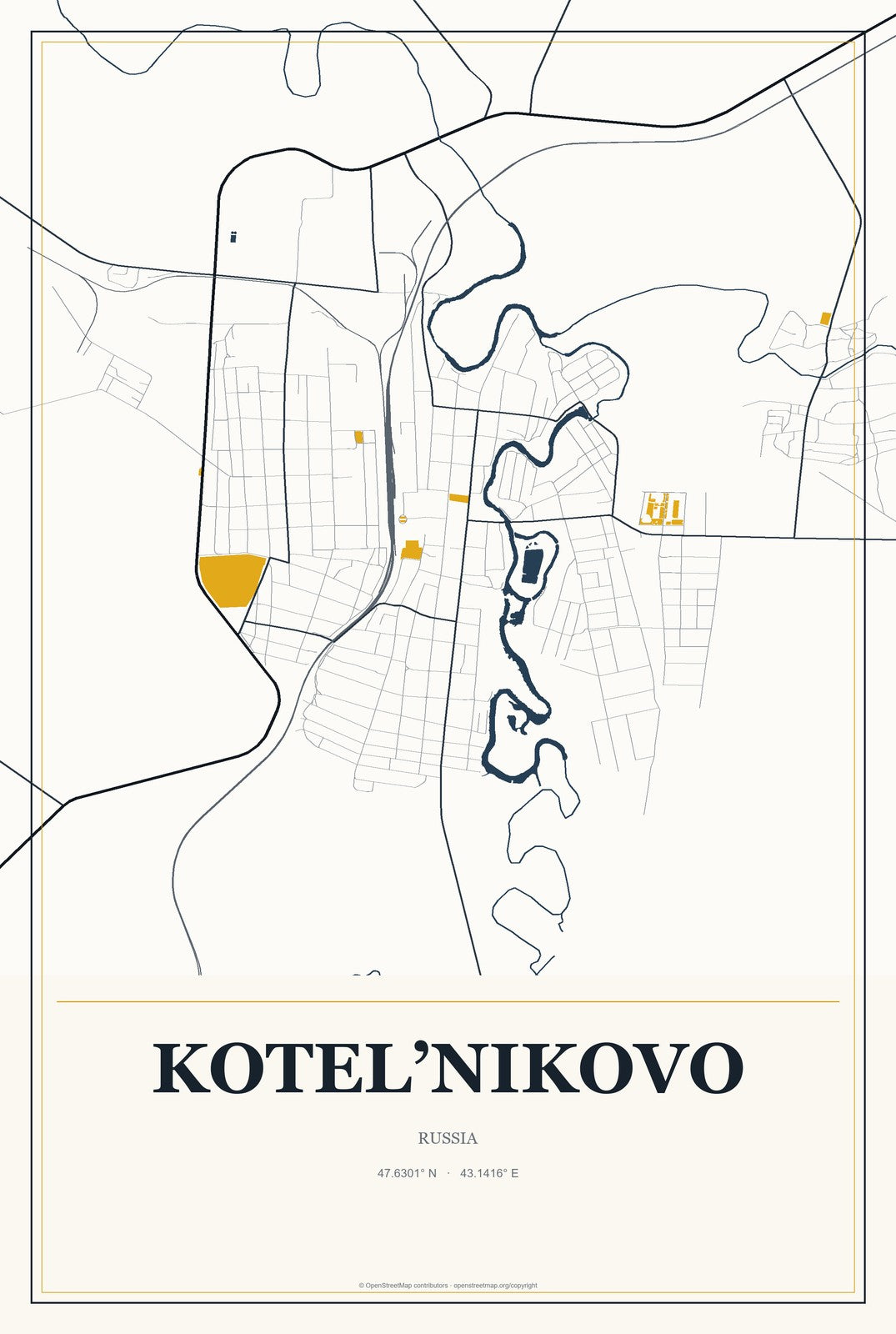 Kotel’nikovo, Russia City Map Aluminum Sign in Citrine Modern style